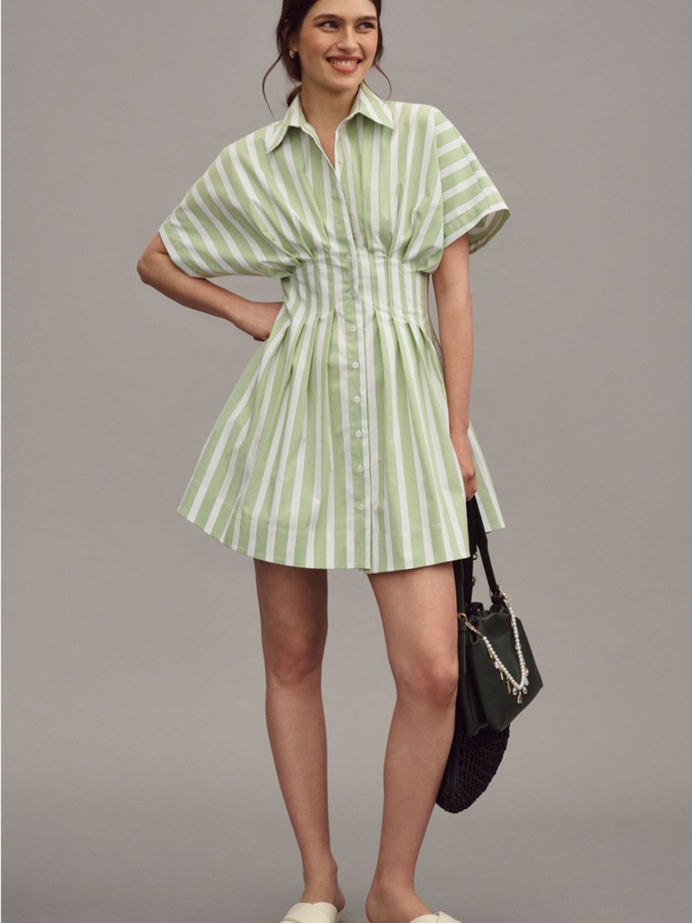 Anthropologie The Tobie Button-Front mini Shirt Dress Striped Green by Exquise M